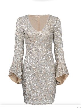 Parker Silver Sequin Bell-Sleeve Cocktail Dress